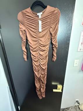 Capella Ruched Maxi Dress Womens S Brown Long Sleeve Bodycon Stretch NWT